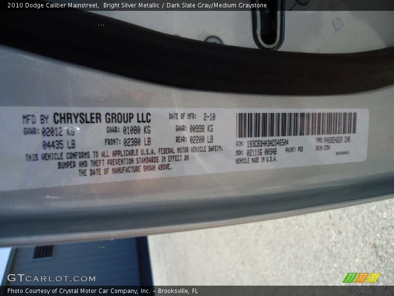 Bright Silver Metallic / Dark Slate Gray/Medium Graystone 2010 Dodge Caliber Mainstreet