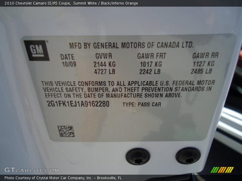 Summit White / Black/Inferno Orange 2010 Chevrolet Camaro SS/RS Coupe