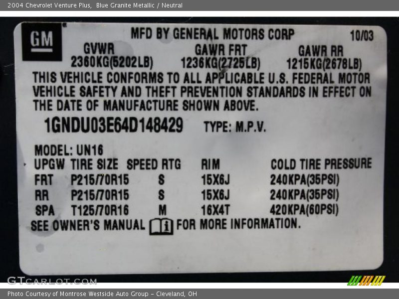 Blue Granite Metallic / Neutral 2004 Chevrolet Venture Plus