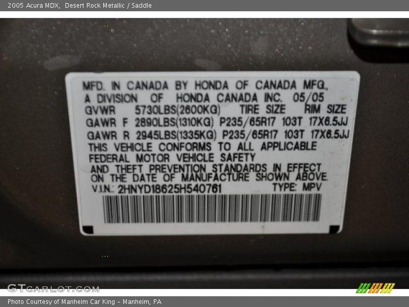 Desert Rock Metallic / Saddle 2005 Acura MDX