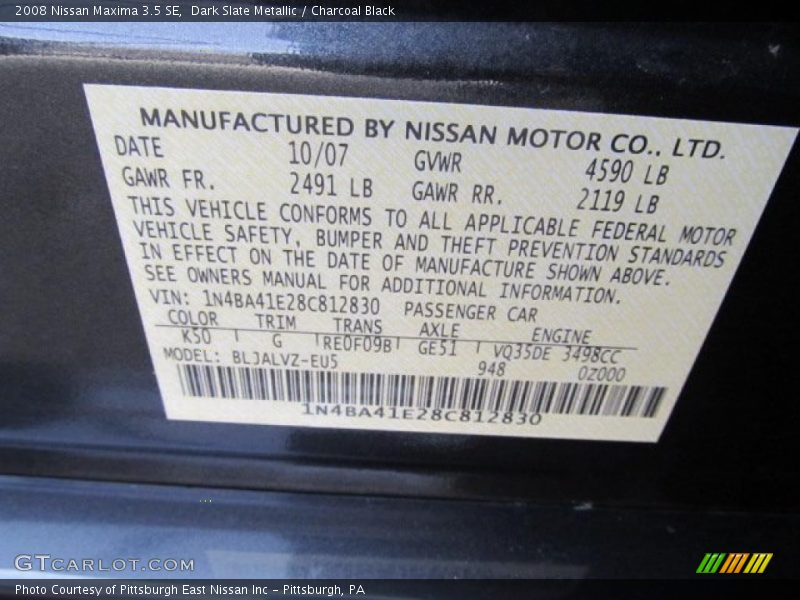 Dark Slate Metallic / Charcoal Black 2008 Nissan Maxima 3.5 SE