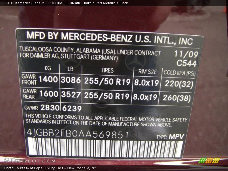 2010 ML 350 BlueTEC 4Matic Barolo Red Metallic Color Code 544