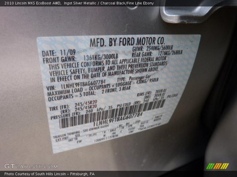 Ingot Silver Metallic / Charcoal Black/Fine Line Ebony 2010 Lincoln MKS EcoBoost AWD