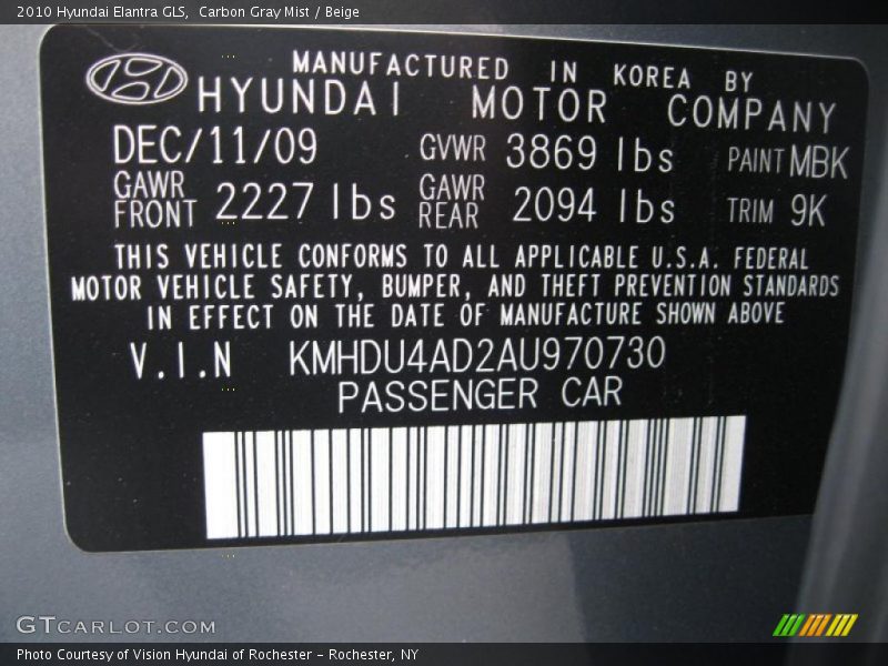 Carbon Gray Mist / Beige 2010 Hyundai Elantra GLS