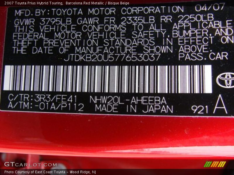 2007 Prius Hybrid Touring Barcelona Red Metallic Color Code 3R3