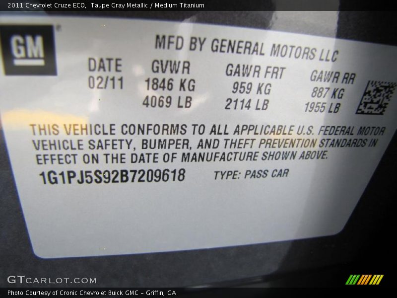 Info Tag of 2011 Cruze ECO