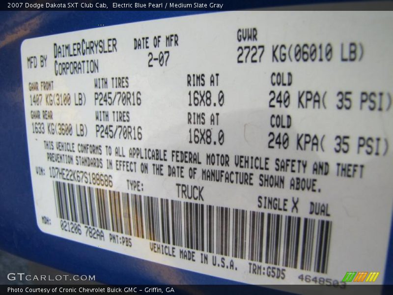 2007 Dakota SXT Club Cab Electric Blue Pearl Color Code PB5