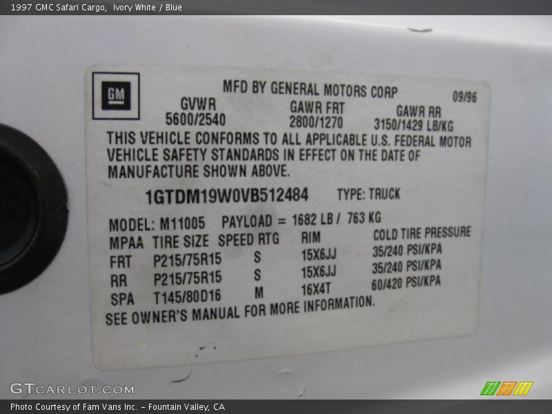 Info Tag of 1997 Safari Cargo