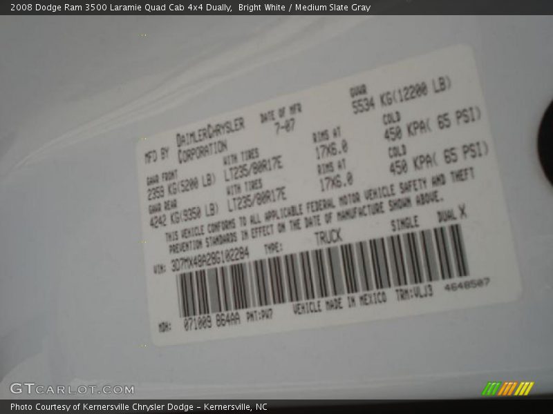 2008 Ram 3500 Laramie Quad Cab 4x4 Dually Bright White Color Code PW7