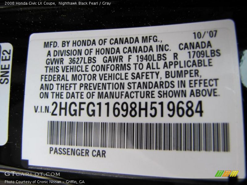 Nighthawk Black Pearl / Gray 2008 Honda Civic LX Coupe