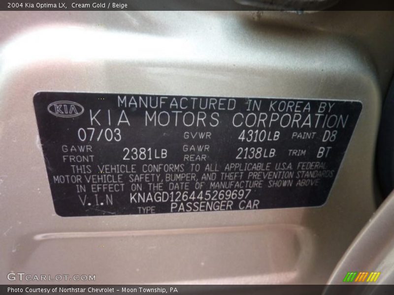 Cream Gold / Beige 2004 Kia Optima LX