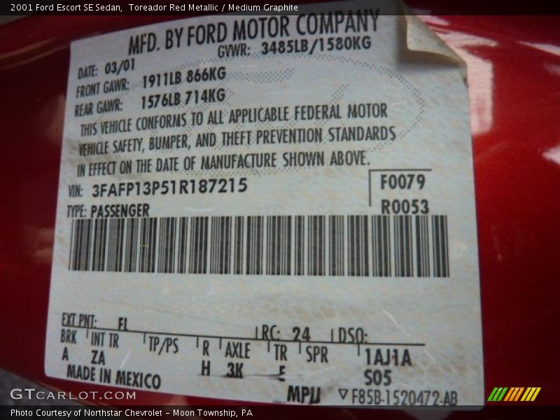 2001 Escort SE Sedan Toreador Red Metallic Color Code FL
