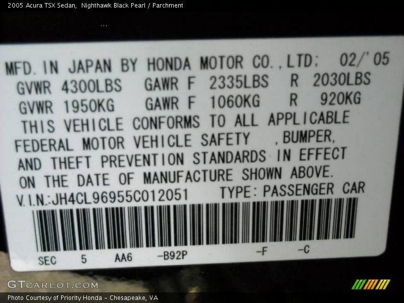 2005 TSX Sedan Nighthawk Black Pearl Color Code B92P