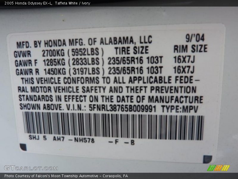 Taffeta White / Ivory 2005 Honda Odyssey EX-L