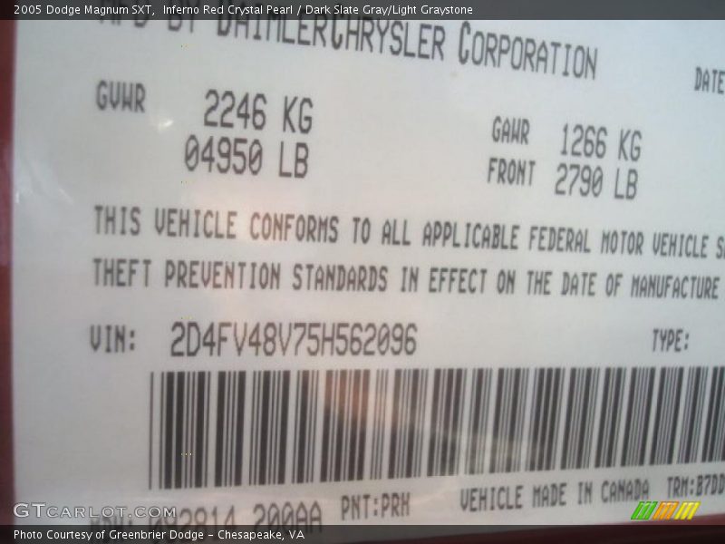 Inferno Red Crystal Pearl / Dark Slate Gray/Light Graystone 2005 Dodge Magnum SXT