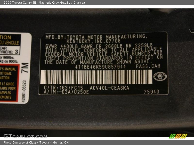 Magnetic Gray Metallic / Charcoal 2009 Toyota Camry SE