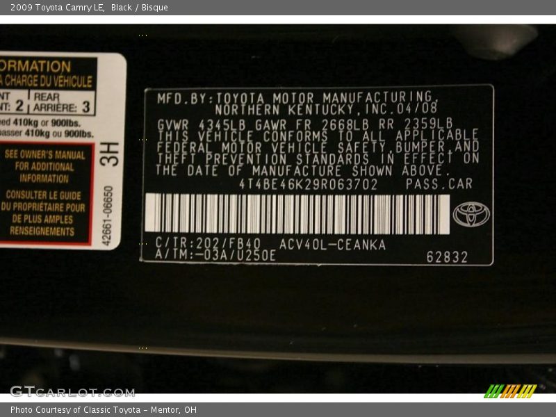 Black / Bisque 2009 Toyota Camry LE