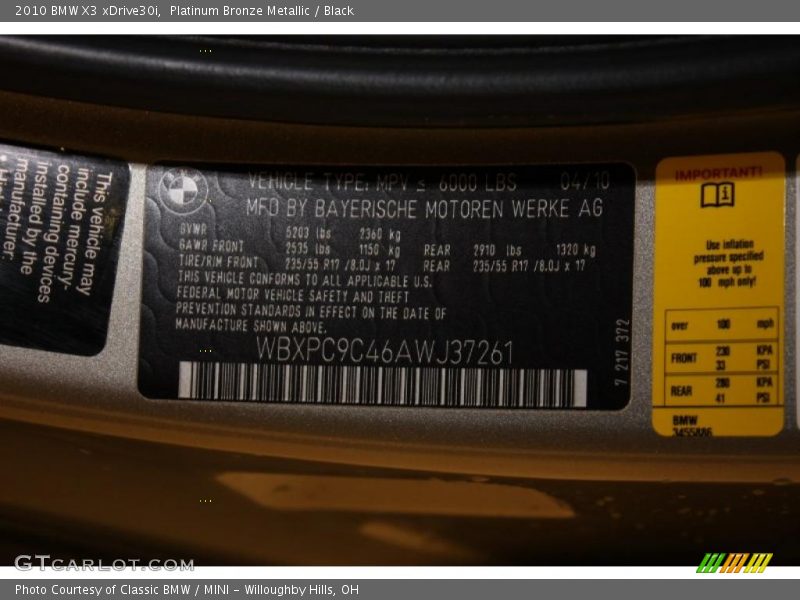 Platinum Bronze Metallic / Black 2010 BMW X3 xDrive30i