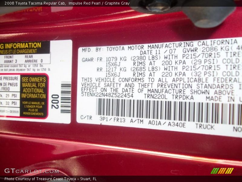 2008 Tacoma Regular Cab Impulse Red Pearl Color Code 3P1