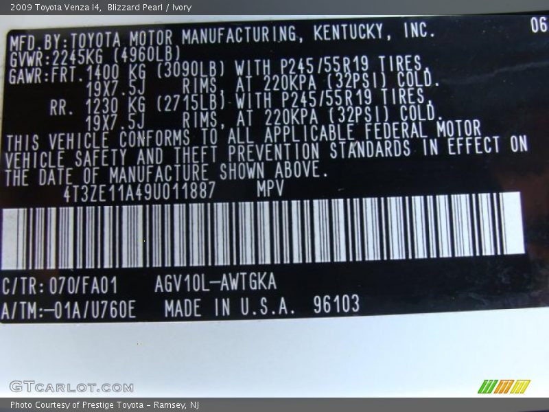 2009 Venza I4 Blizzard Pearl Color Code 070