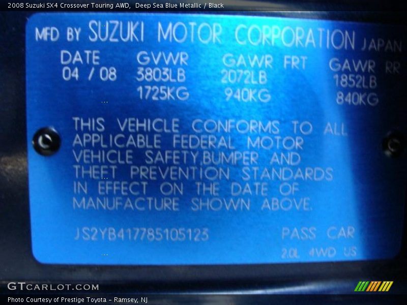 Deep Sea Blue Metallic / Black 2008 Suzuki SX4 Crossover Touring AWD