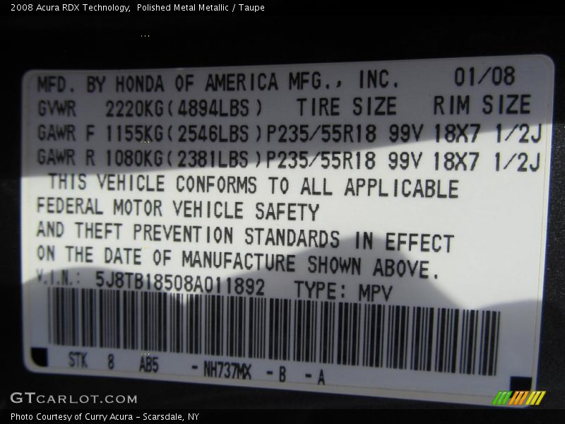 Polished Metal Metallic / Taupe 2008 Acura RDX Technology