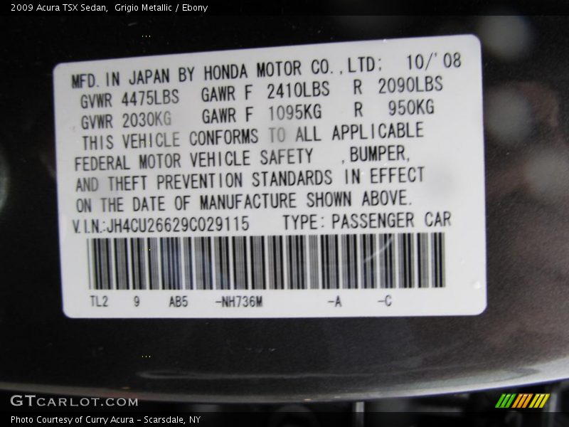 Grigio Metallic / Ebony 2009 Acura TSX Sedan