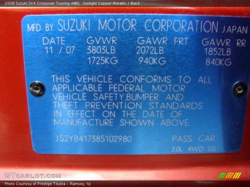 Sunlight Copper Metallic / Black 2008 Suzuki SX4 Crossover Touring AWD