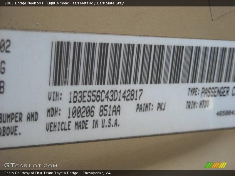 Light Almond Pearl Metallic / Dark Slate Gray 2003 Dodge Neon SXT