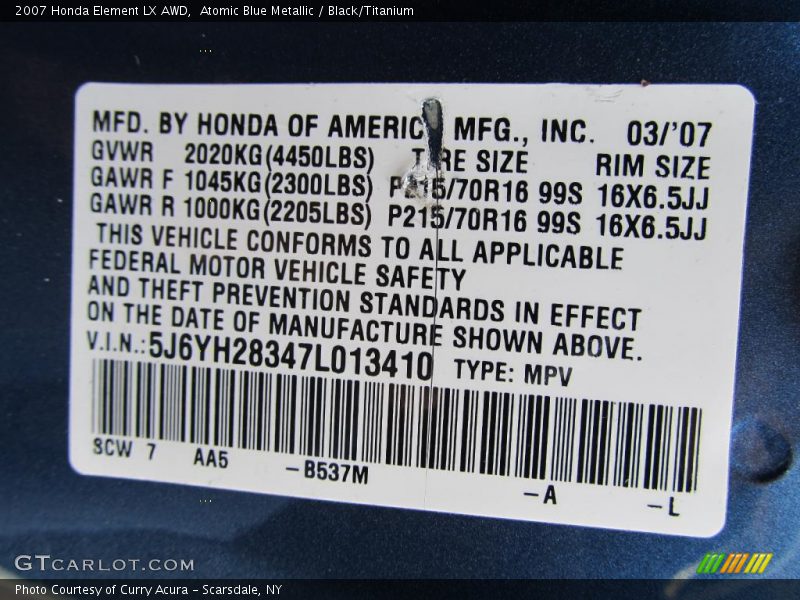 2007 Element LX AWD Atomic Blue Metallic Color Code B537M