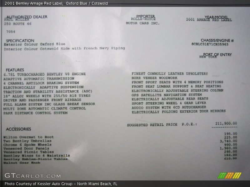  2001 Arnage Red Label Window Sticker