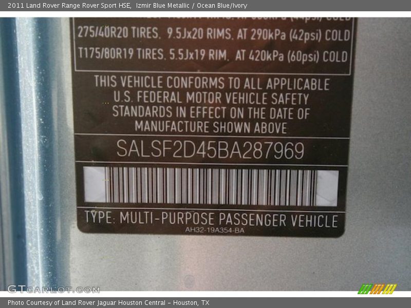 Info Tag of 2011 Range Rover Sport HSE