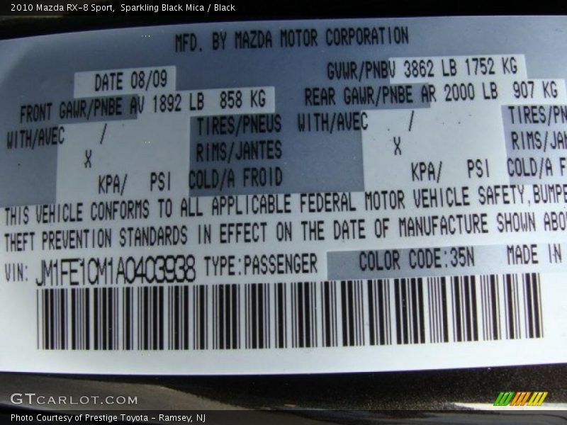 2010 RX-8 Sport Sparkling Black Mica Color Code 35N
