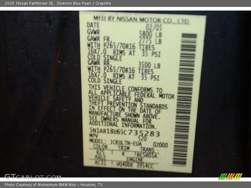 Silverton Blue Pearl / Graphite 2005 Nissan Pathfinder SE