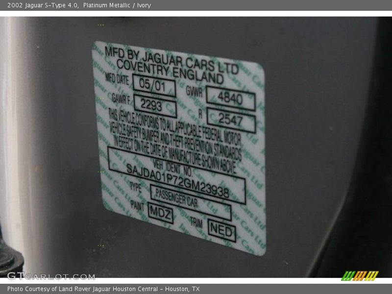 2002 S-Type 4.0 Platinum Metallic Color Code MDZ