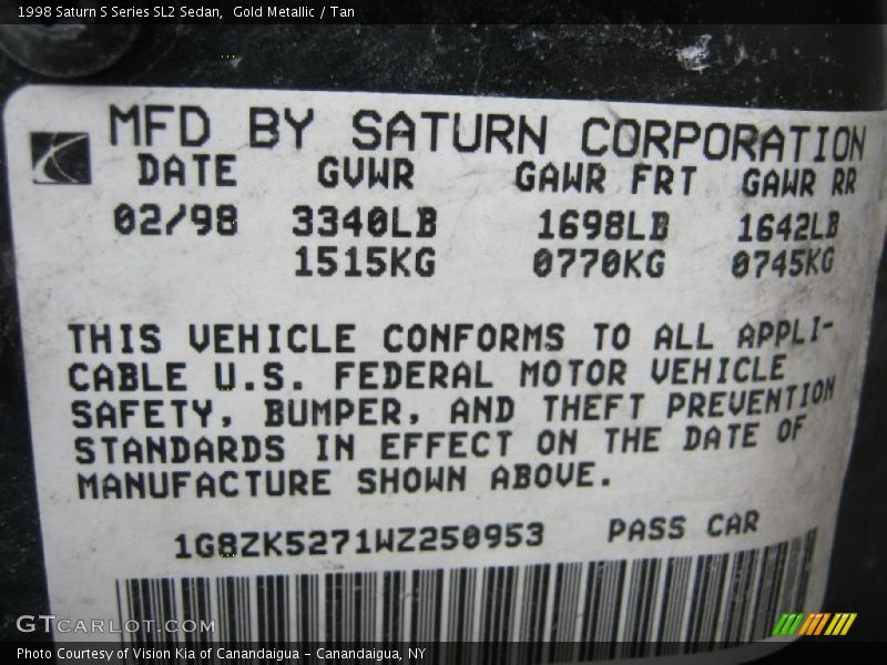 Gold Metallic / Tan 1998 Saturn S Series SL2 Sedan