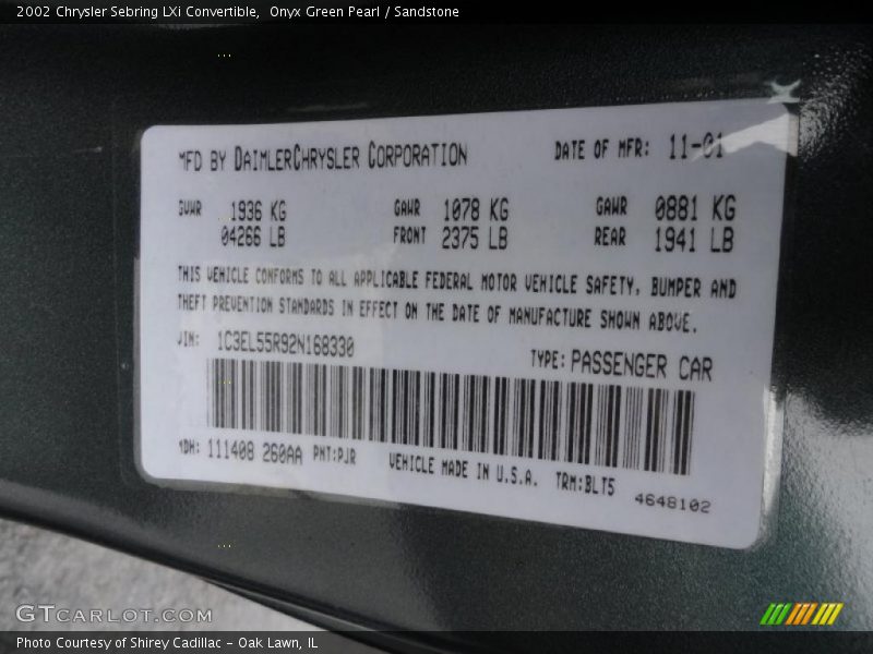 Onyx Green Pearl / Sandstone 2002 Chrysler Sebring LXi Convertible