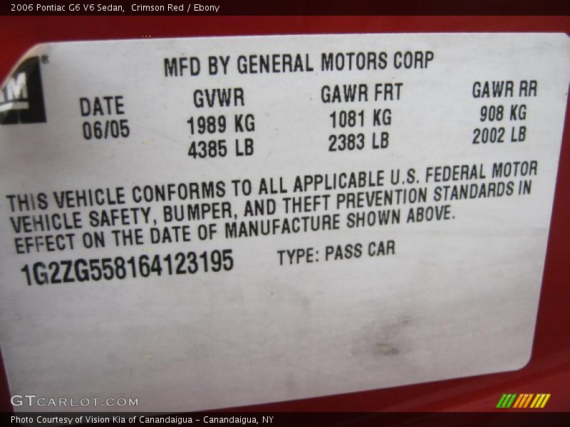 Crimson Red / Ebony 2006 Pontiac G6 V6 Sedan