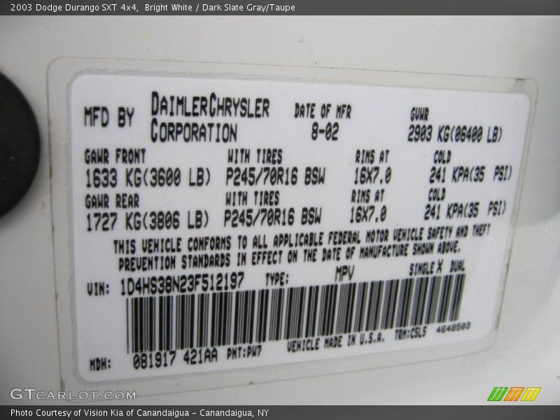 Bright White / Dark Slate Gray/Taupe 2003 Dodge Durango SXT 4x4