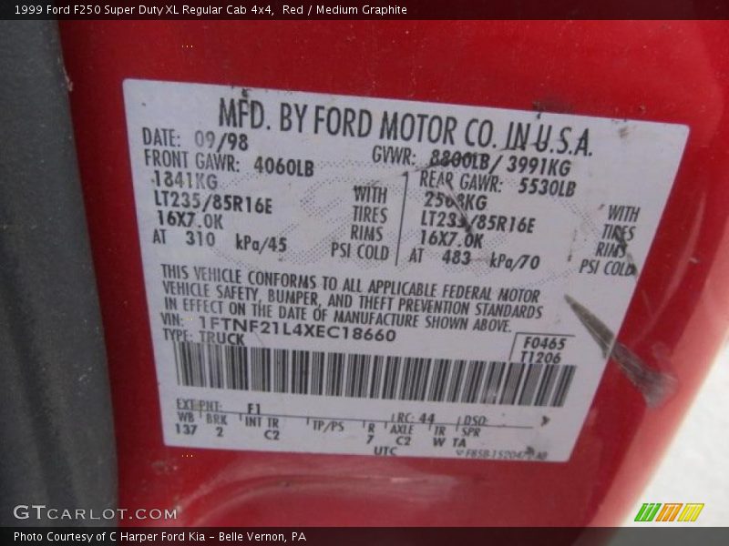 1999 F250 Super Duty XL Regular Cab 4x4 Red Color Code F1