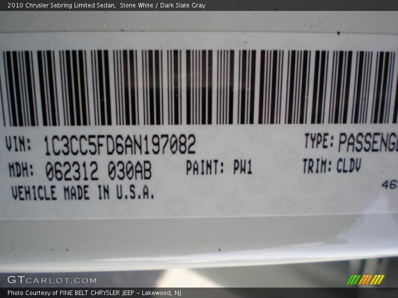 Stone White / Dark Slate Gray 2010 Chrysler Sebring Limited Sedan