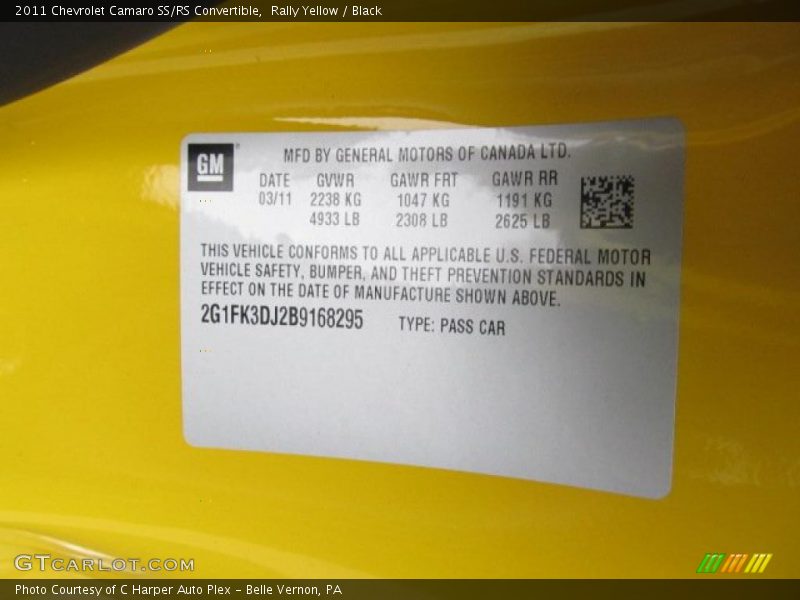 Info Tag of 2011 Camaro SS/RS Convertible