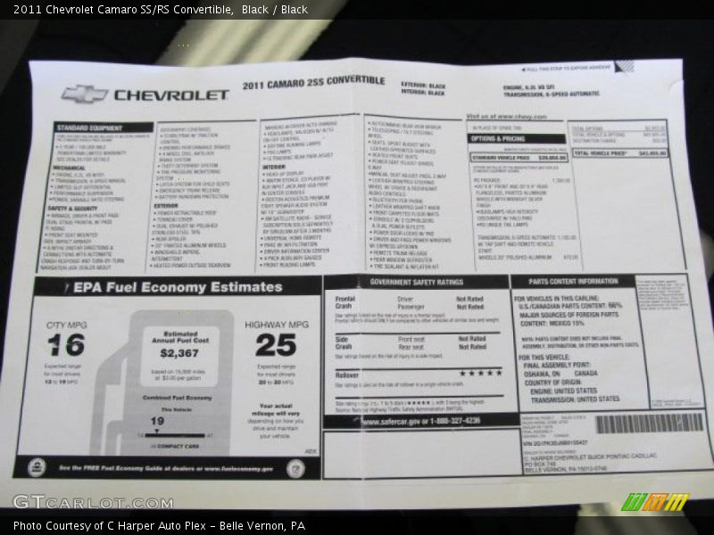  2011 Camaro SS/RS Convertible Window Sticker