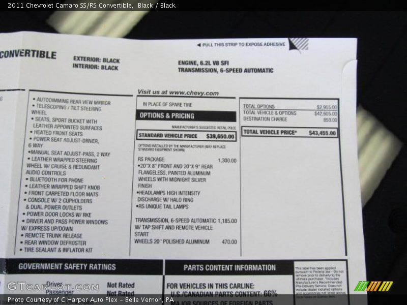  2011 Camaro SS/RS Convertible Window Sticker