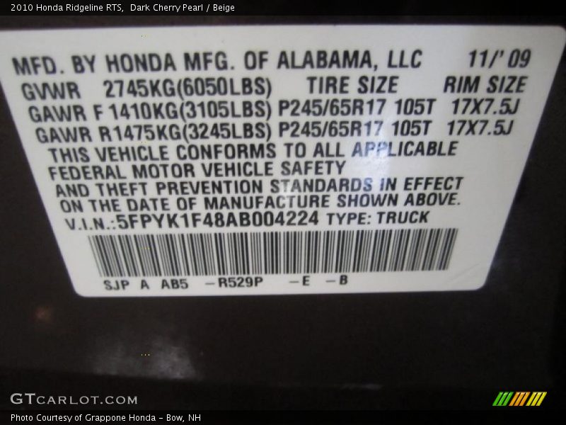 Dark Cherry Pearl / Beige 2010 Honda Ridgeline RTS