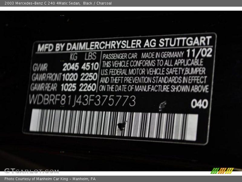 Black / Charcoal 2003 Mercedes-Benz C 240 4Matic Sedan