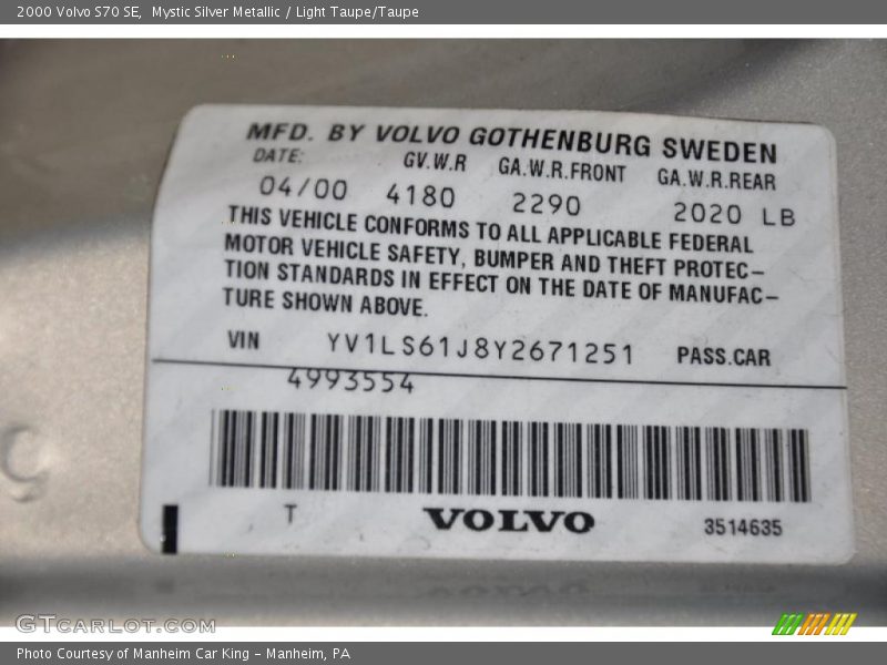 Mystic Silver Metallic / Light Taupe/Taupe 2000 Volvo S70 SE