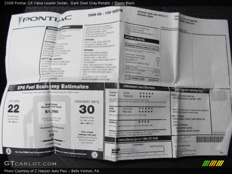  2008 G6 Value Leader Sedan Window Sticker