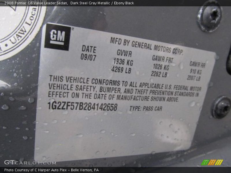 Info Tag of 2008 G6 Value Leader Sedan