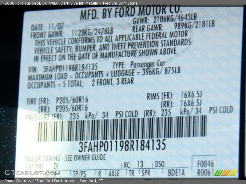 2008 Fusion SE V6 AWD Dark Blue Ink Metallic Color Code DI